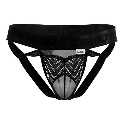 Black lace thong with butterfly pattern and branded waistband from candyman 99849 lace-mesh thongs color black