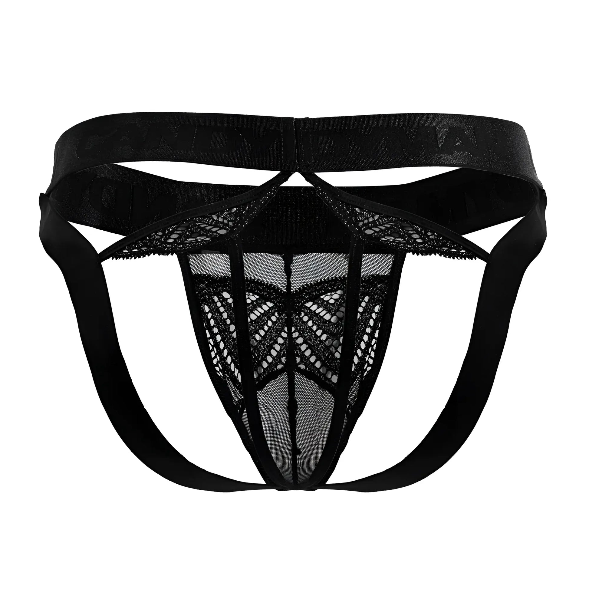 Black lace mesh thong with elastic waistband showing back side from candyman 99849 lace-mesh thongs color black
