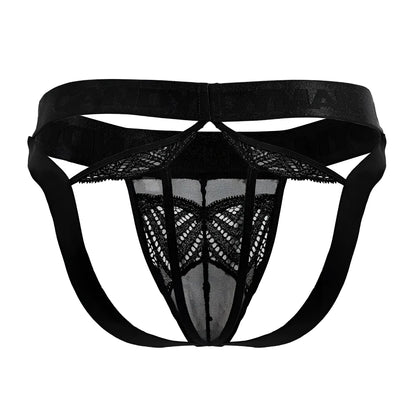 Black lace mesh thong with elastic waistband showing back side from candyman 99849 lace-mesh thongs color black