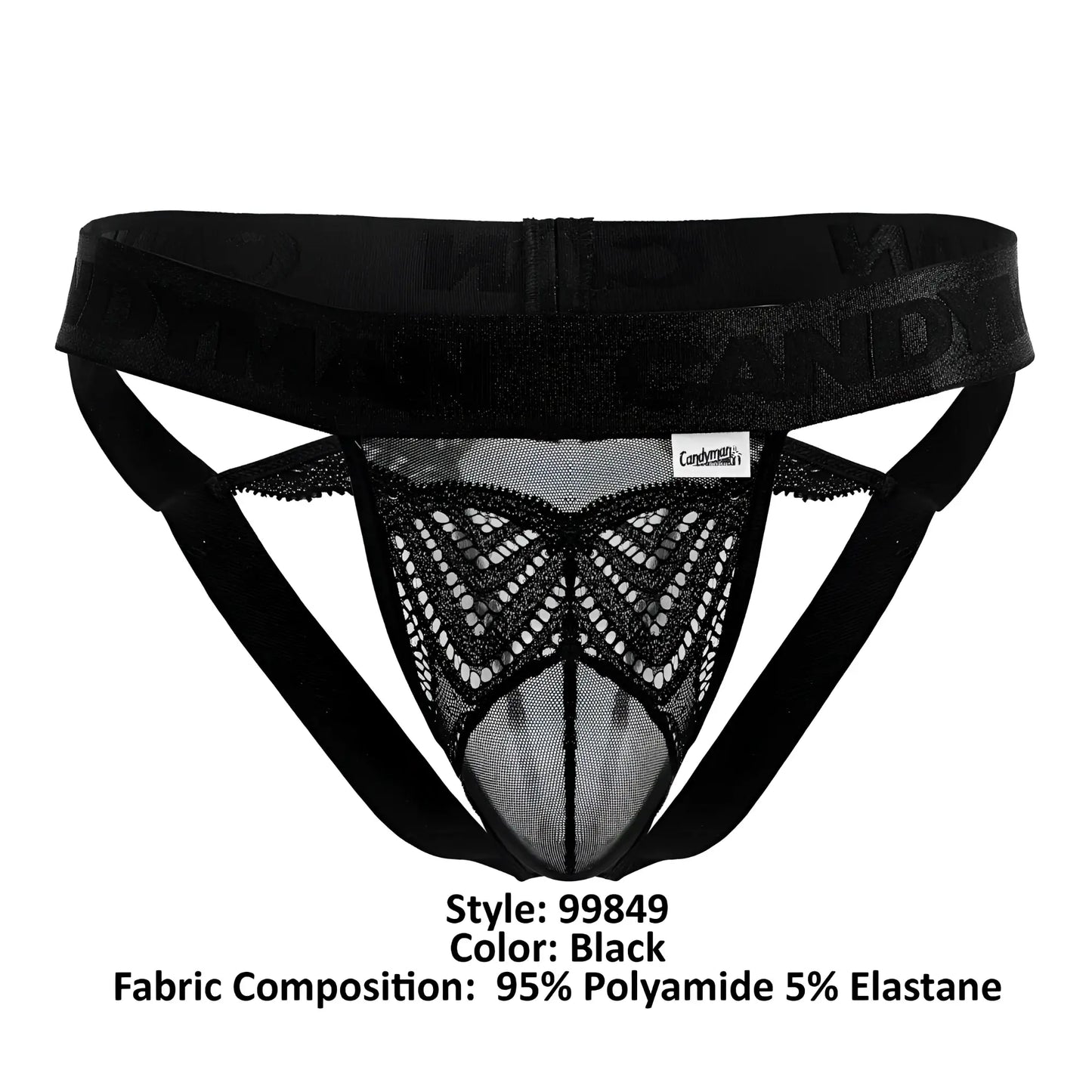 Black lace thong candy man 99849 with sheer mesh front and solid elastic waistband in black color