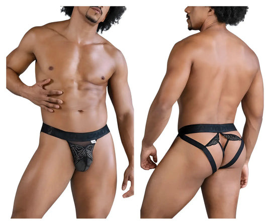 Black candyMan 99849 lace-mesh thongs with lace trim, sheer mesh front panel, and adjustable side straps