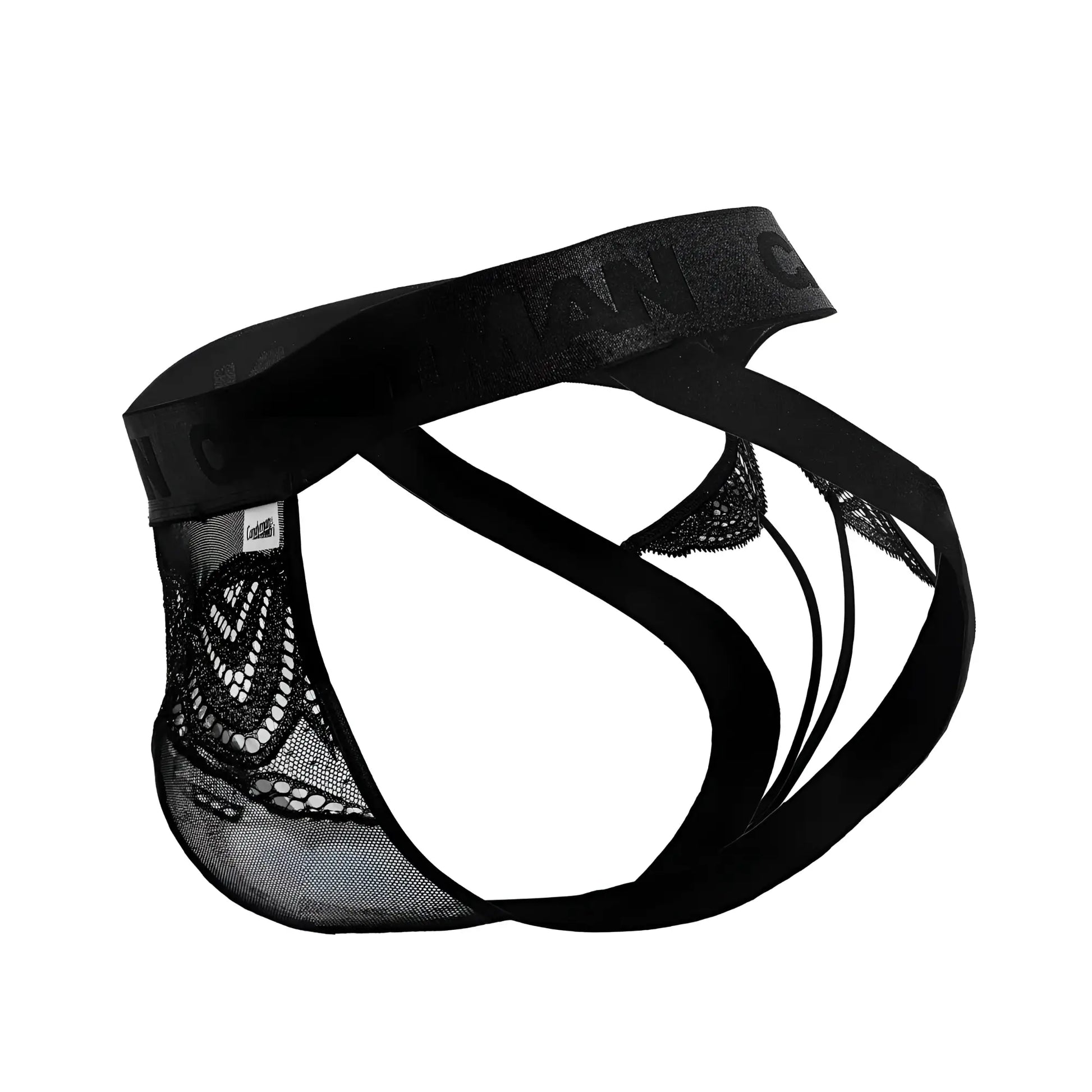 Black lace-trimmed CandyMan 99849 lace-mesh thongs with solid black waistband and supportive straps for men