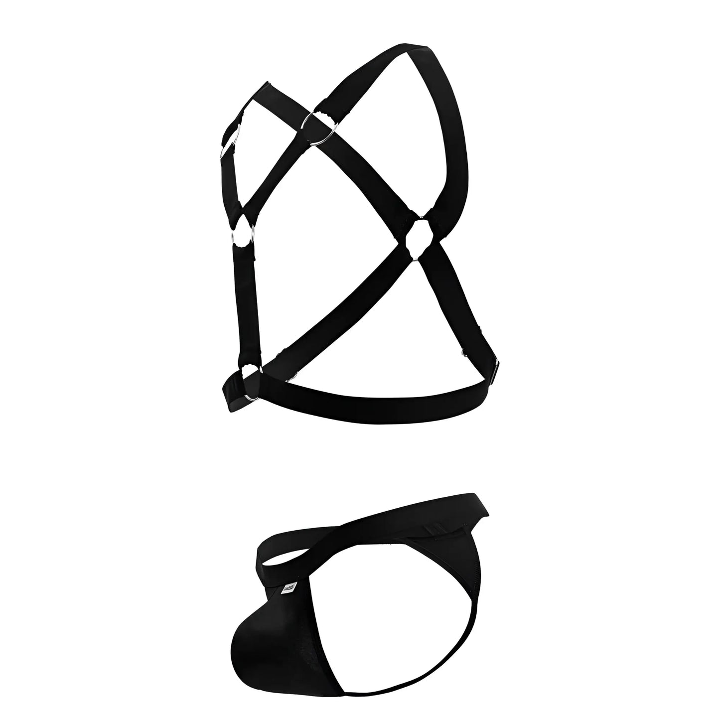 Black fabric harness and briefs set from candyman 99850 three piece outfit designed for bold clubwear looks