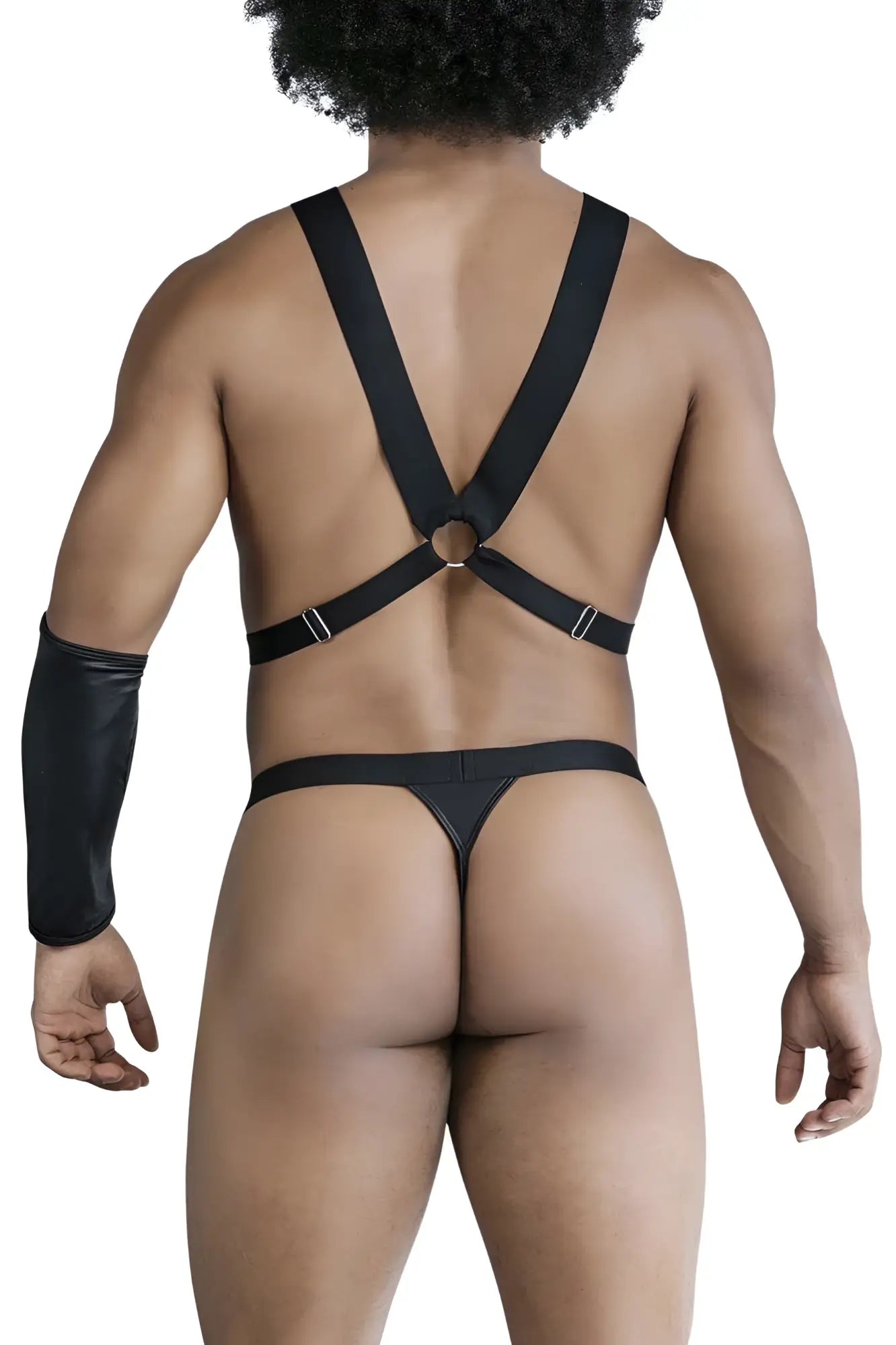 Black leather-like candyMan 99850 three piece outfit harness with adjustable straps and central metal ring