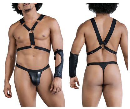 Black leather-like harness set with metallic rings and matching arm cuff candy man 99850 three piece outfit black