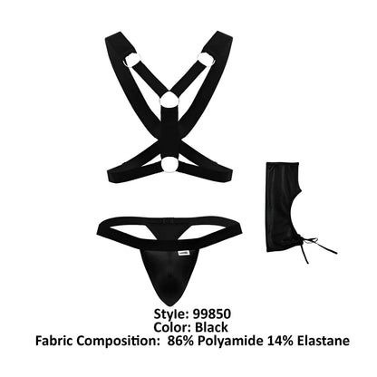 Black mens lingerie set candyman 99850 with strappy harness top thong bottom and leg cuff in smooth polyamide elastane blend