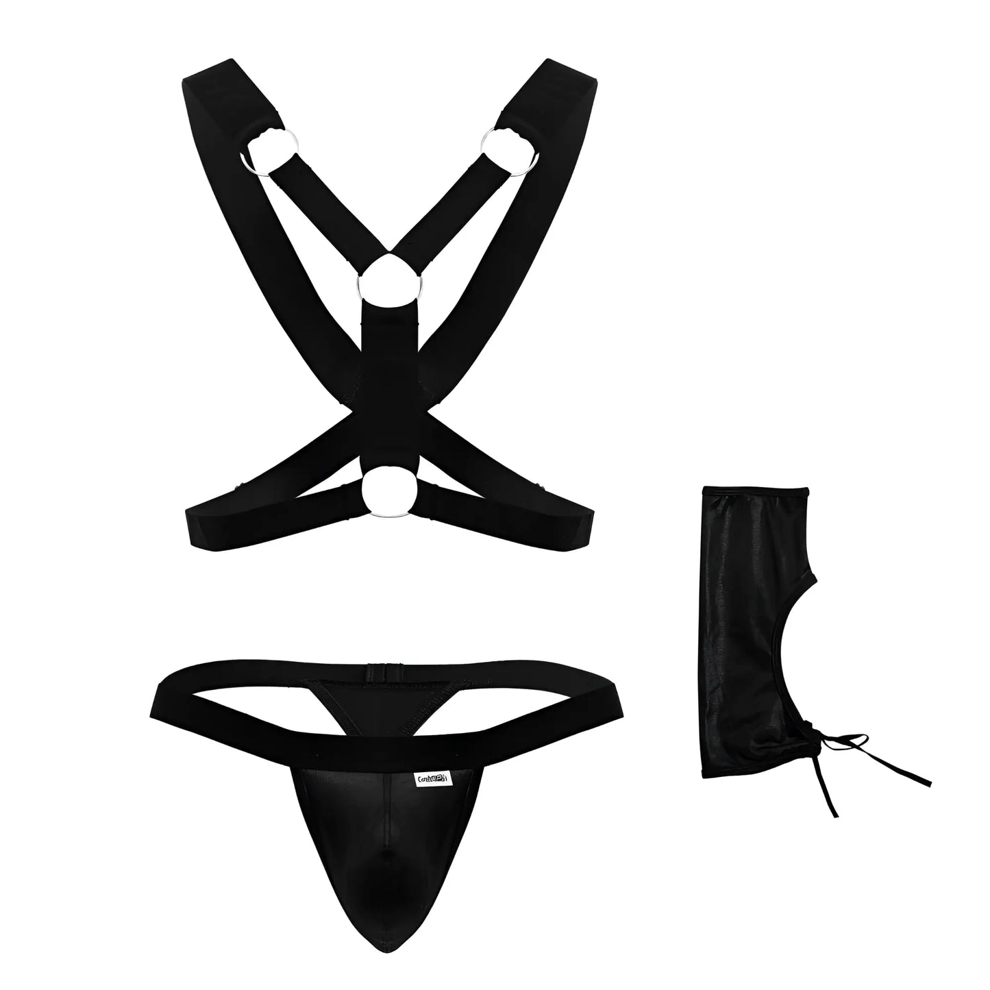 Black satin harness set with matching thong and leg cuffs candyMan 99850 three piece outfit in black