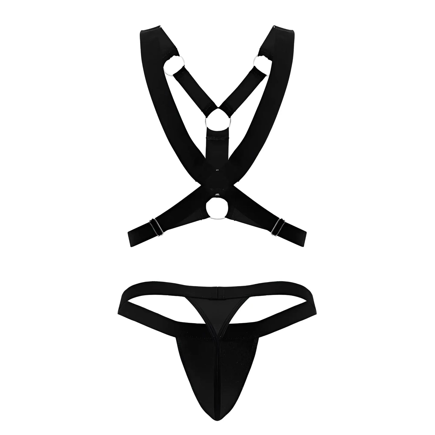 Black satin harness and thong set candyMan 99850 three piece outfit shown from the back side