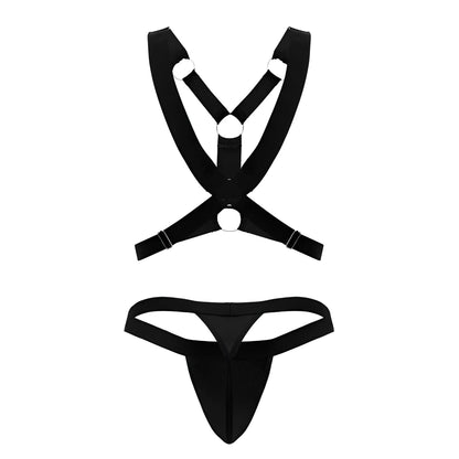 Black satin harness and thong set candyMan 99850 three piece outfit shown from the back side