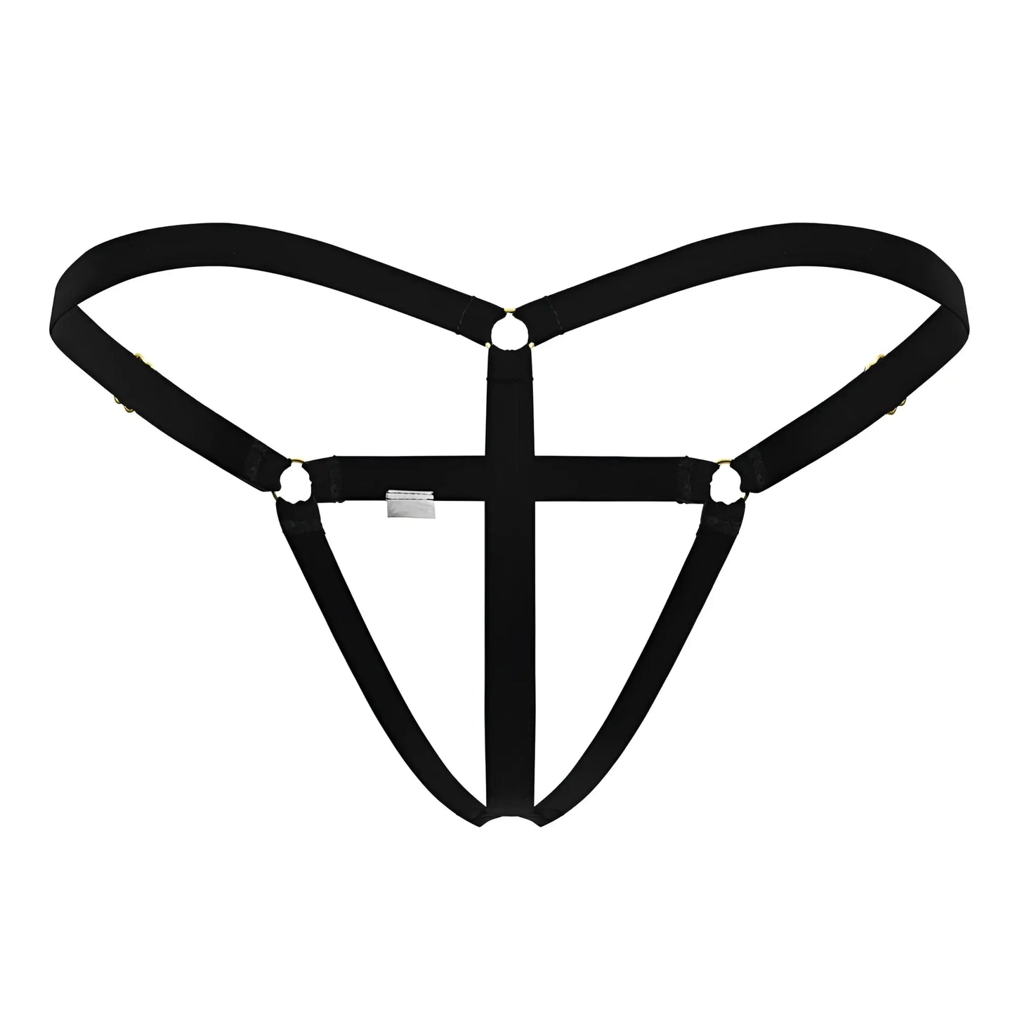 Black fabric harness with central crossbar and adjustable straps part of Candyman 99852 nudist thongs in black