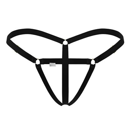 Black fabric harness with central crossbar and adjustable straps part of Candyman 99852 nudist thongs in black