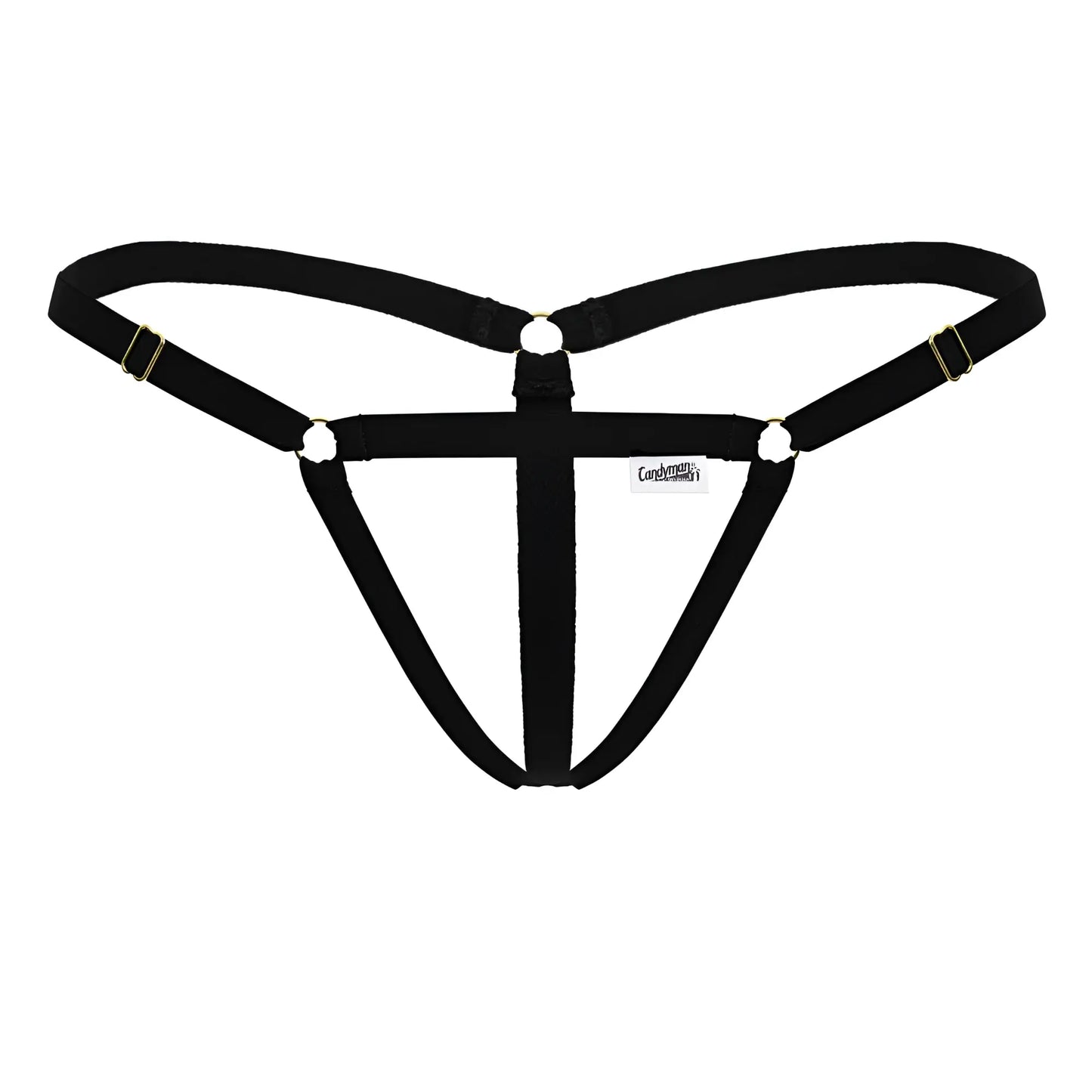 Black fabric harness with gold toned metal clasps and rings for candyman 99852 nudist thongs in black color
