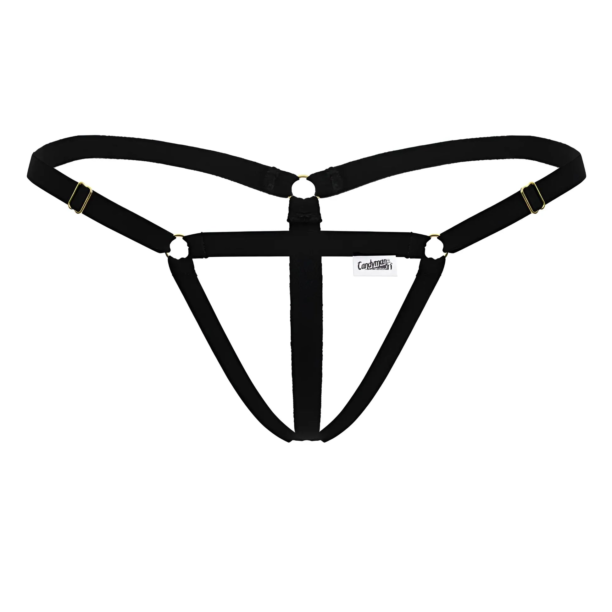 Black fabric harness with gold toned metal clasps and rings for candyman 99852 nudist thongs in black color