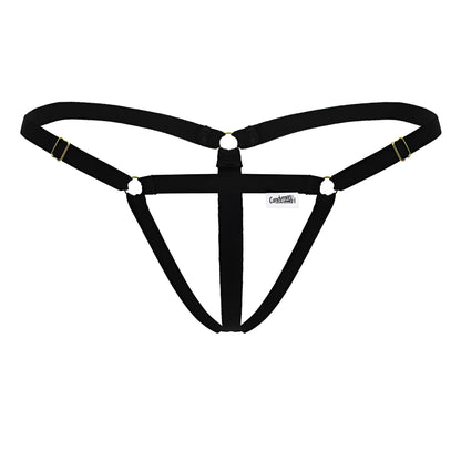Black fabric harness with gold toned metal clasps and rings for candyman 99852 nudist thongs in black color
