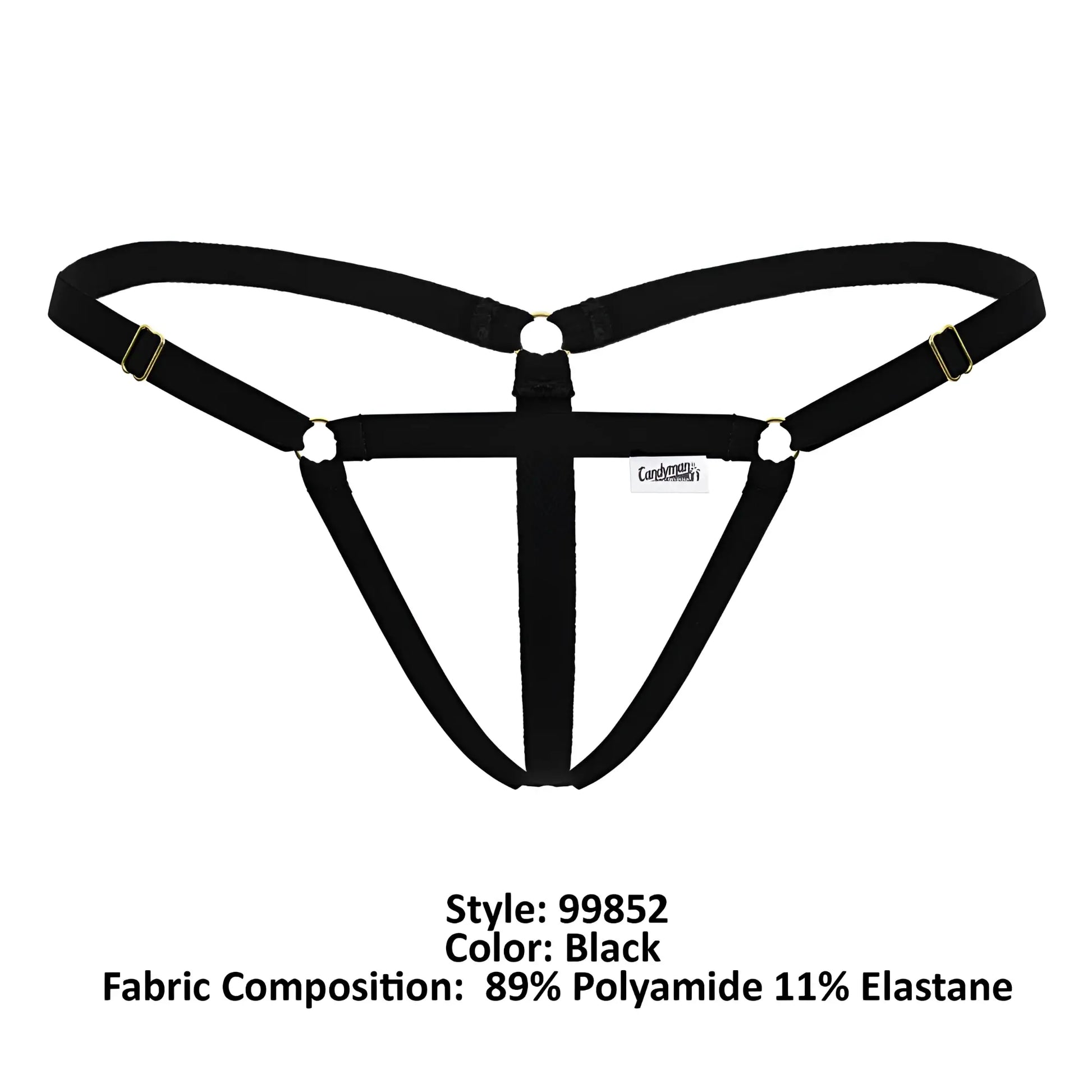 Black candyMan 99852 nudist thong with adjustable straps and gold-tone metal hardware shown from the back side