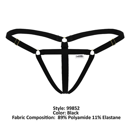 Black candyMan 99852 nudist thong with adjustable straps and gold-tone metal hardware shown from the back side