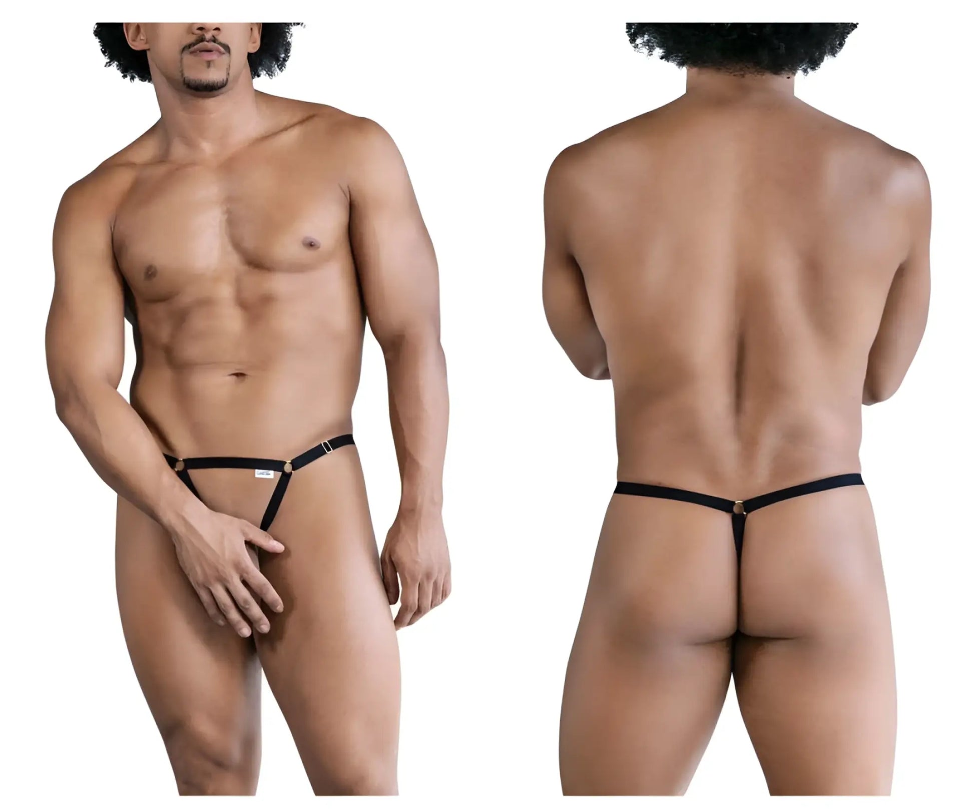 Black candyMan 99852 nudist thong with gold-tone hardware and small white label on front