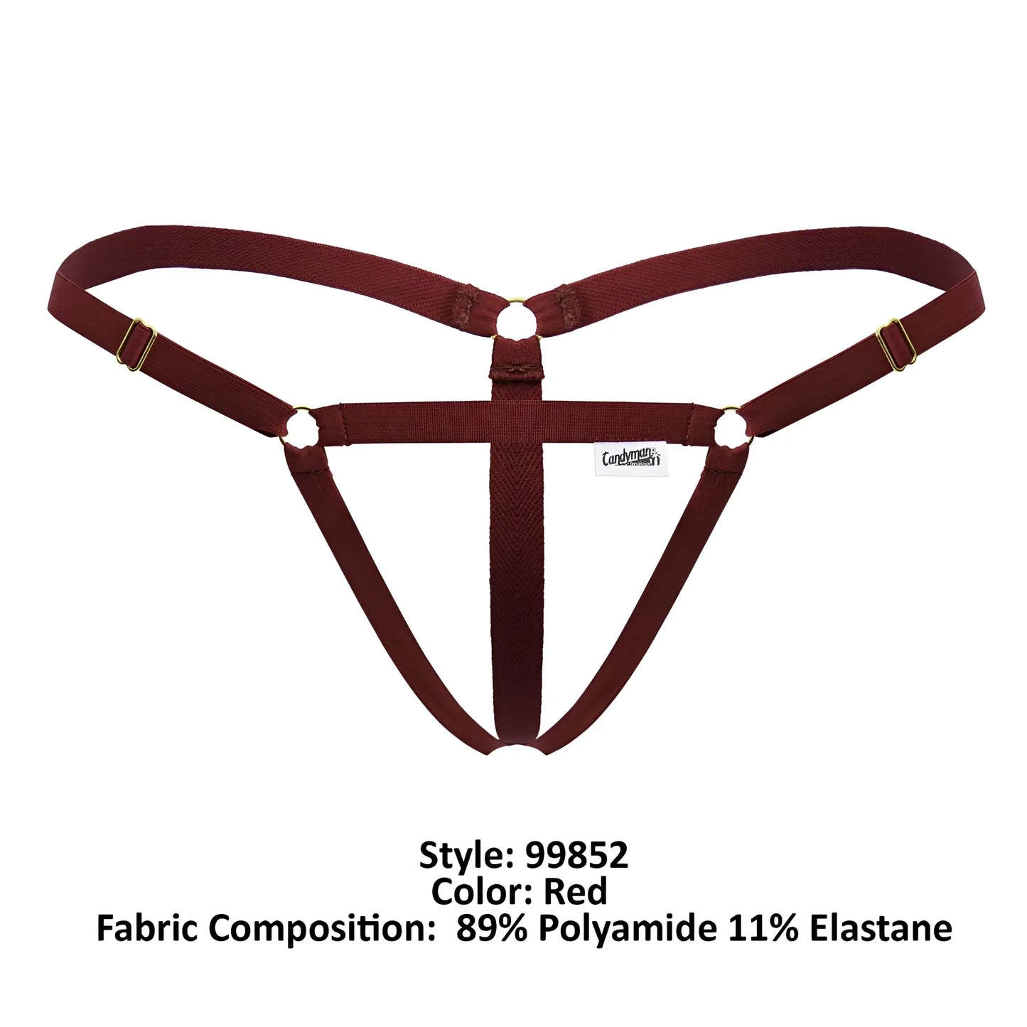 Red CandyMan 99852 nudist thongs with harness style in polyamide and elastane with gold-tone hardware