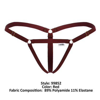 Red CandyMan 99852 nudist thongs with harness style in polyamide and elastane with gold-tone hardware