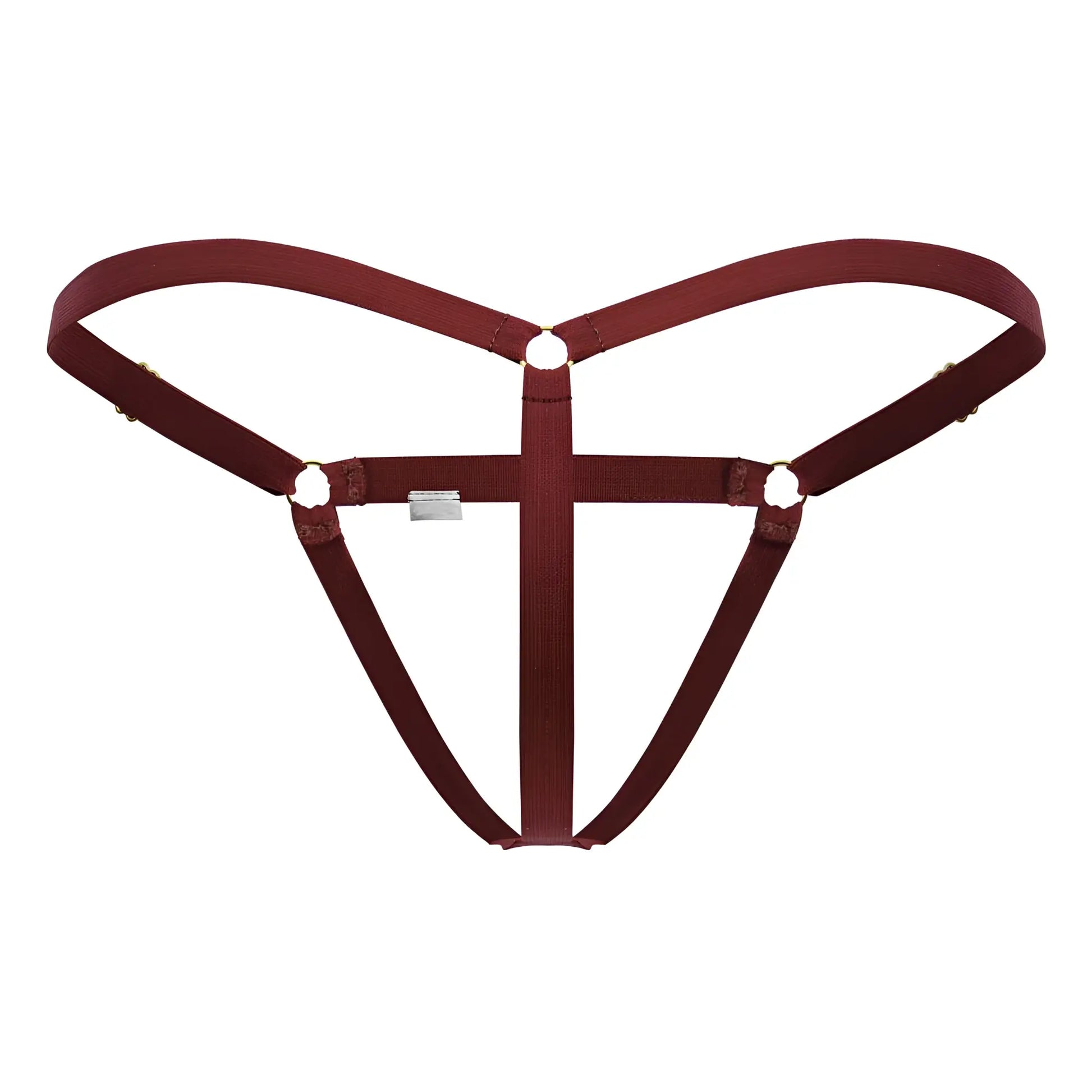 Maroon fabric harness with adjustable straps and metal hardware for candy man 99852 nudist thongs color red back view