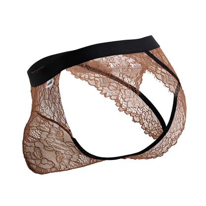 Brown lace mens briefs with black elastic waistband and supportive straps candyMan 99853 lace jockstrap black-terracotta