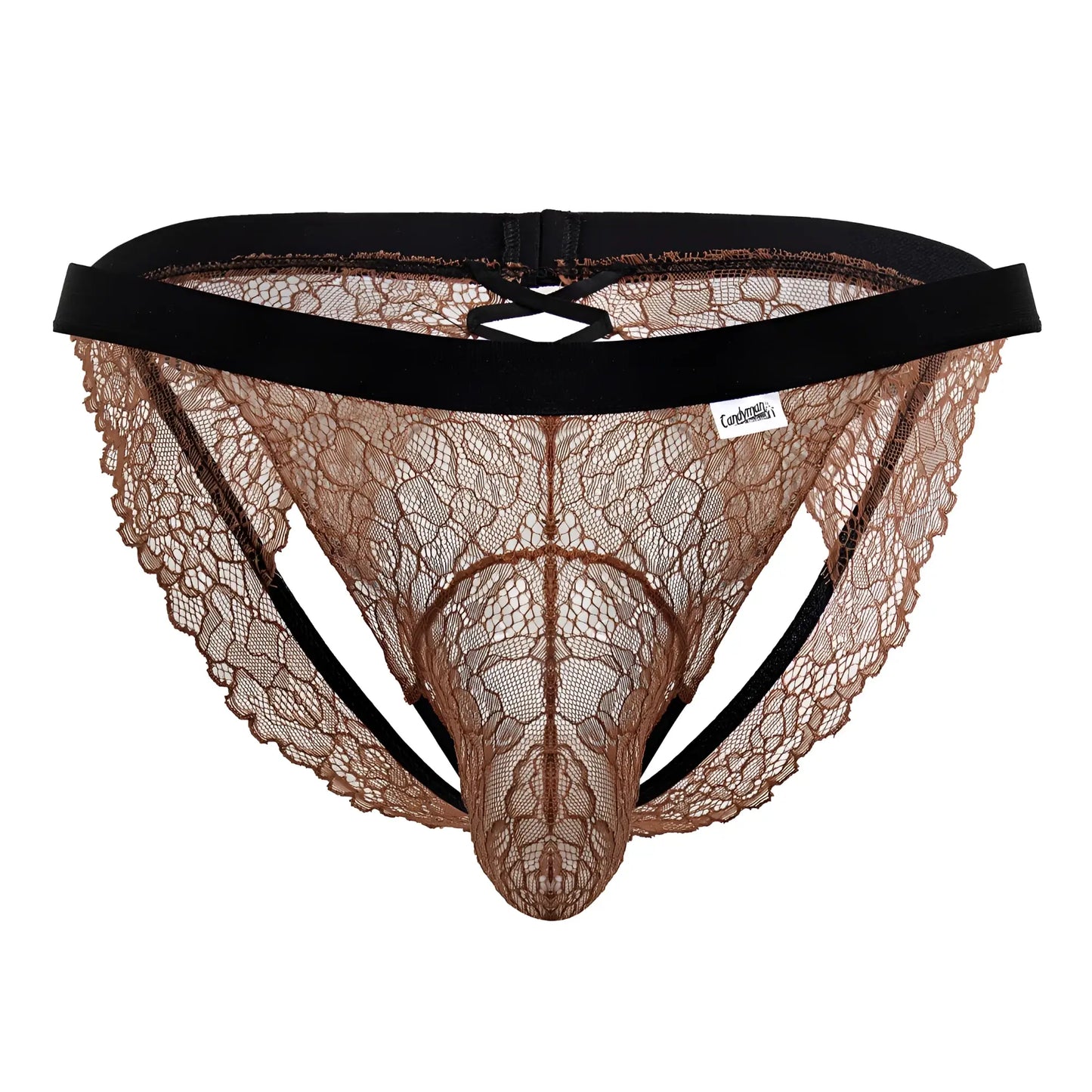 Brown lace thong with black elastic waistband and side straps from Candyman 99853 lace jockstrap in terracotta color