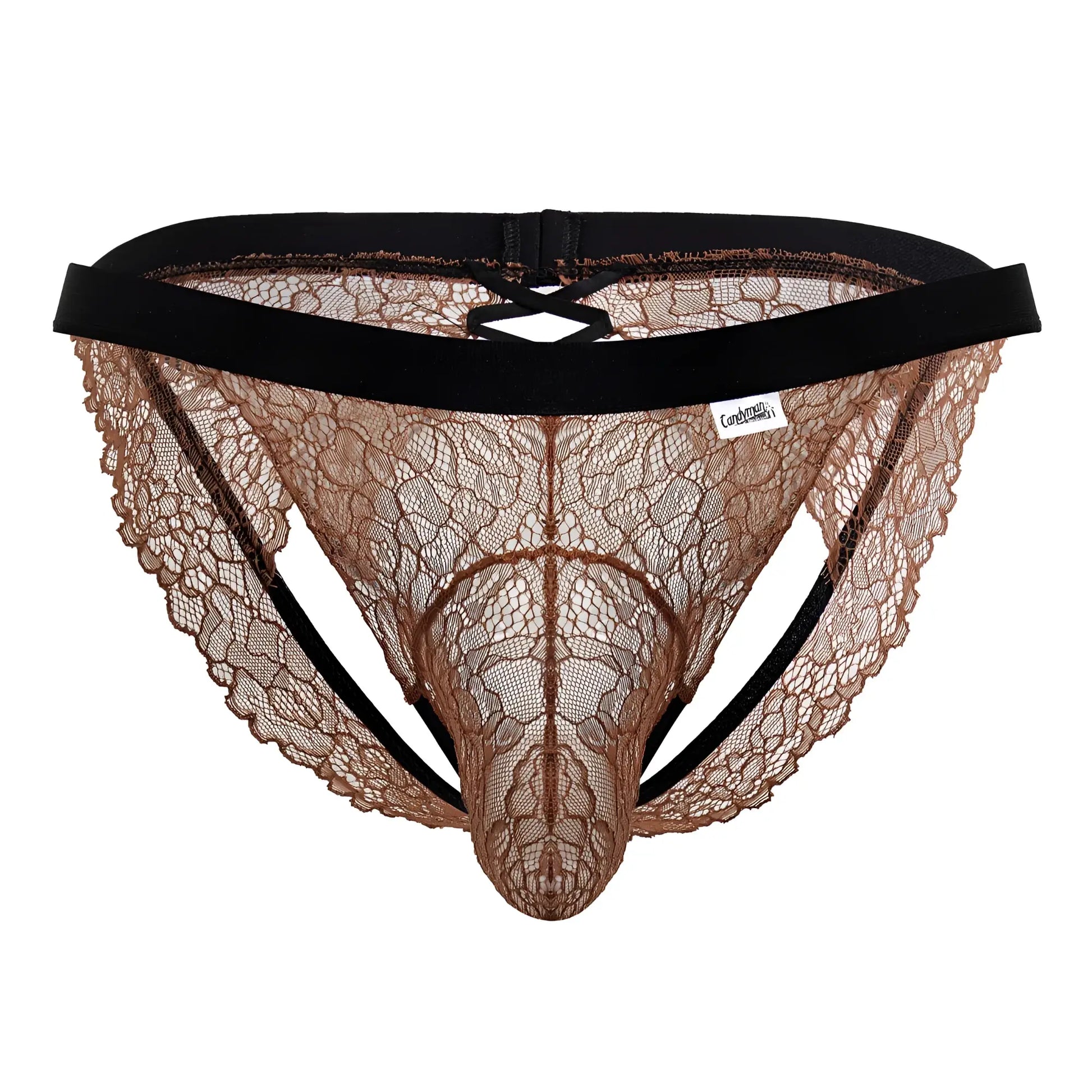 Brown lace thong with black elastic waistband and side straps from Candyman 99853 lace jockstrap in terracotta color