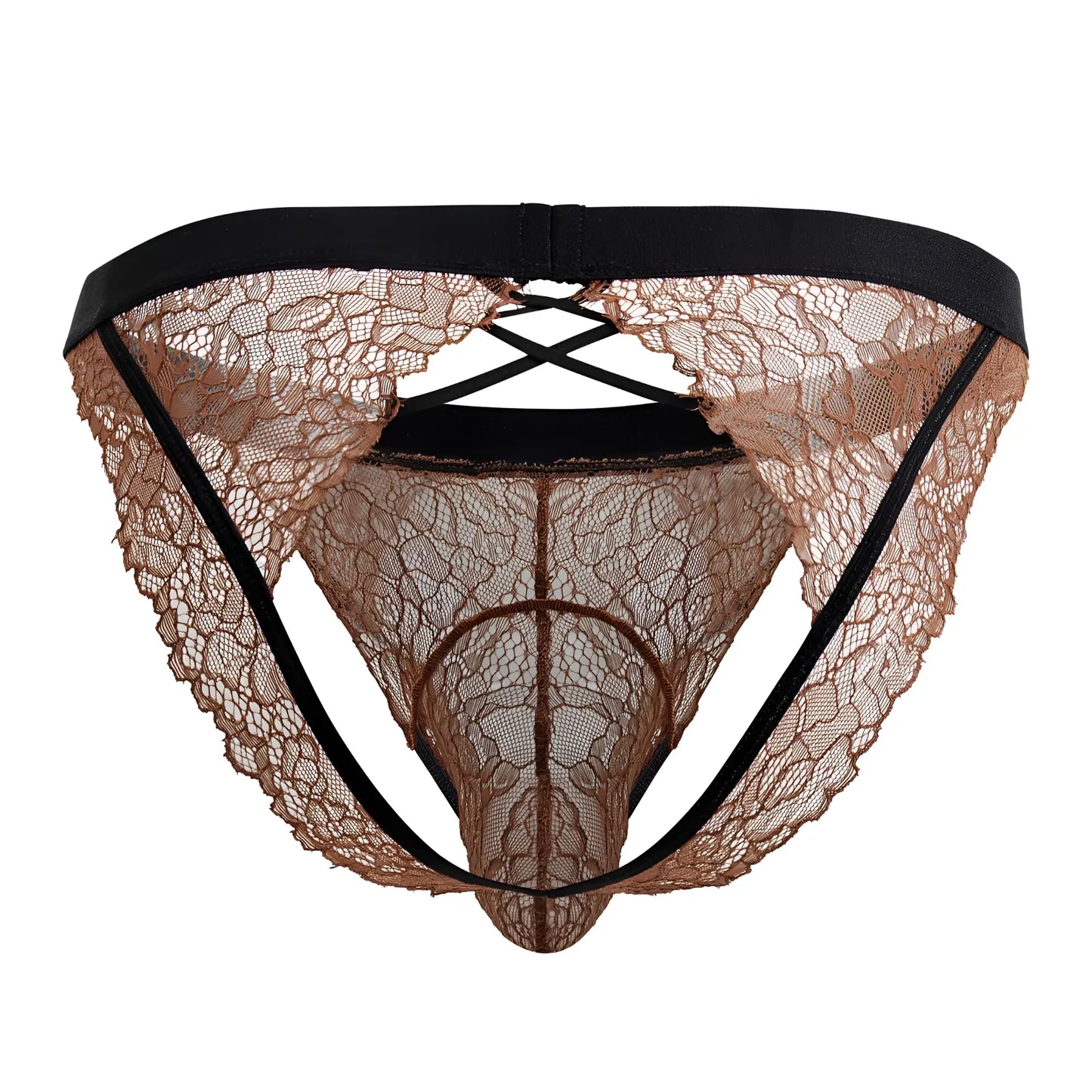 CandyMan 99853 lace jockstrap in black and terracotta featuring tan lace with black elastic waistband and side straps