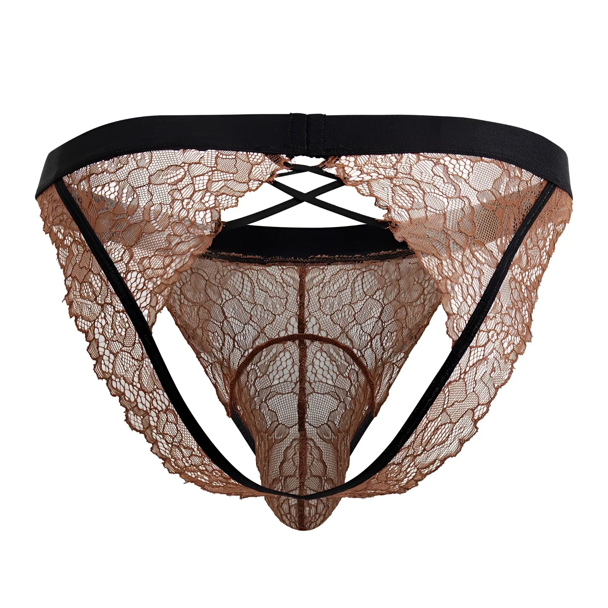 CandyMan 99853 lace jockstrap in black and terracotta featuring tan lace with black elastic waistband and side straps