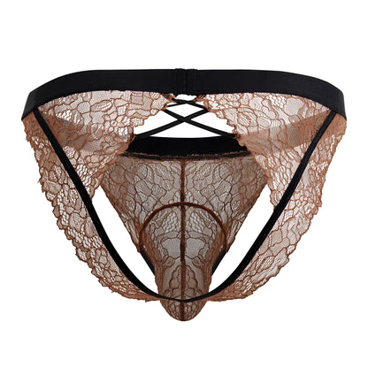CandyMan 99853 lace jockstrap in black and terracotta featuring tan lace with black elastic waistband and side straps