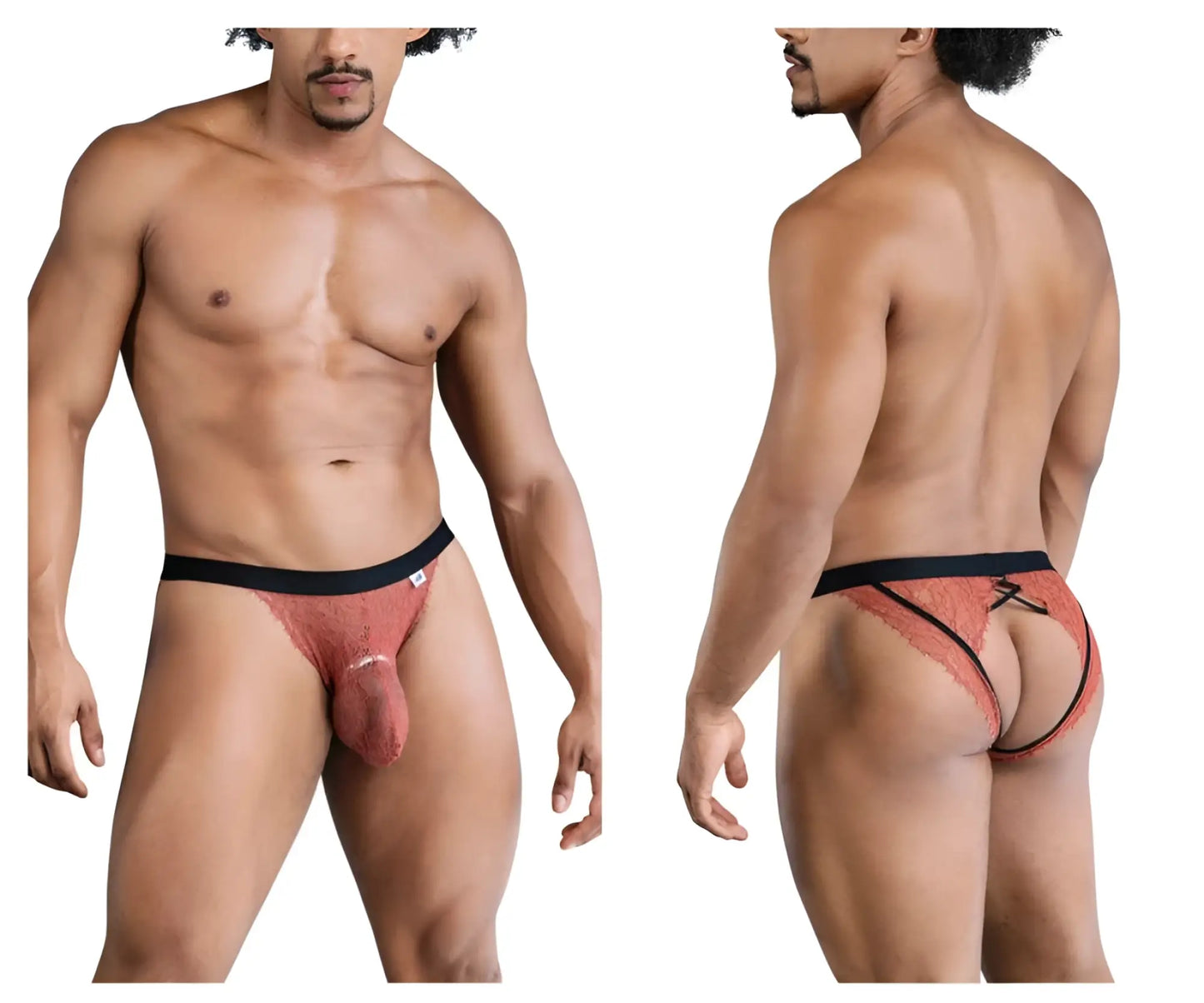 Rust-colored lace briefs with black elastic waistband and back tie shown from the back in candyman 99853 lace jockstrap