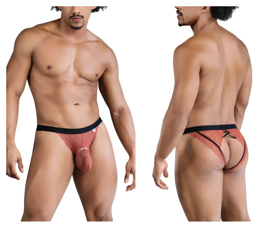 Rust-colored lace briefs with black elastic waistband and back tie shown from the back in candyman 99853 lace jockstrap