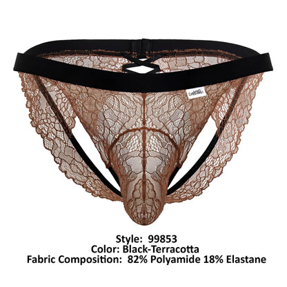 Candyman 99853 lace jockstrap in black and terracotta with a supportive black elastic waistband