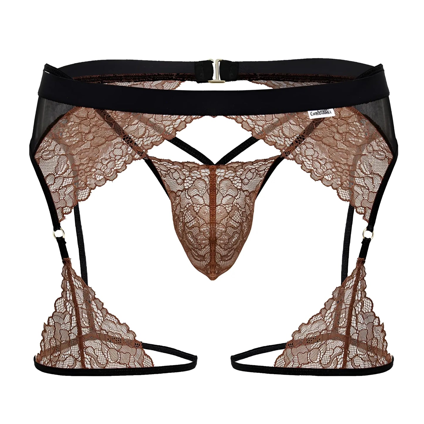 Brown lace garter belt with black elastic straps and silver buckle from Candyman 99854 lace-garter outfit black-terra cotta