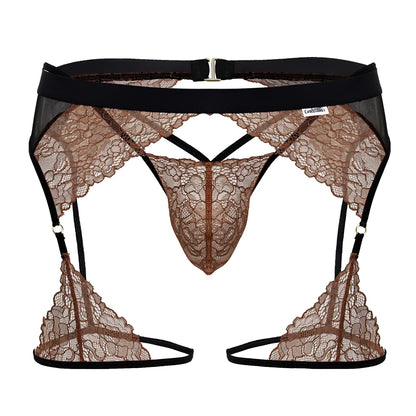 Brown lace garter belt with black elastic straps and silver buckle from Candyman 99854 lace-garter outfit black-terra cotta