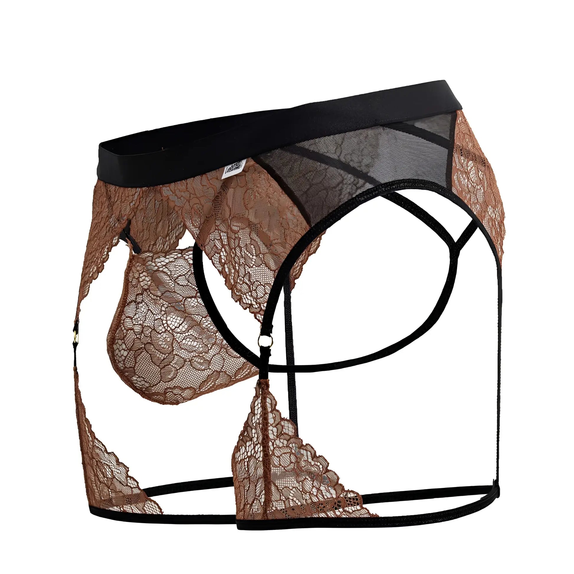 Brown lace suspenders with black elastic waistband and straps from candyman 99854 lace-garter outfit black-terracotta