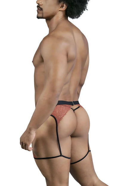 CandyMan 99854 lace-garter outfit red lace thong with black trim and garter straps front view in black-terracotta