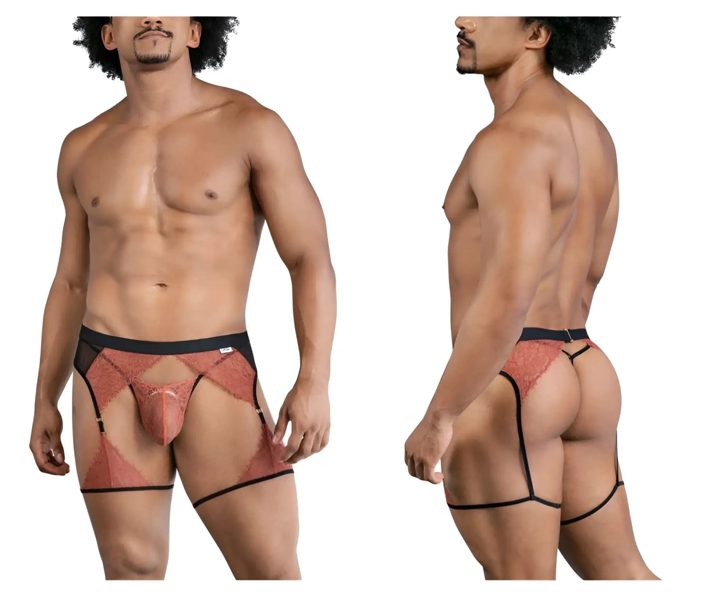 Rust-colored lace men’s briefs with black trim and garter straps from candyman 99854 lace-garter outfit