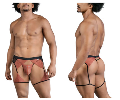 Rust-colored lace men’s briefs with black trim and garter straps from candyman 99854 lace-garter outfit