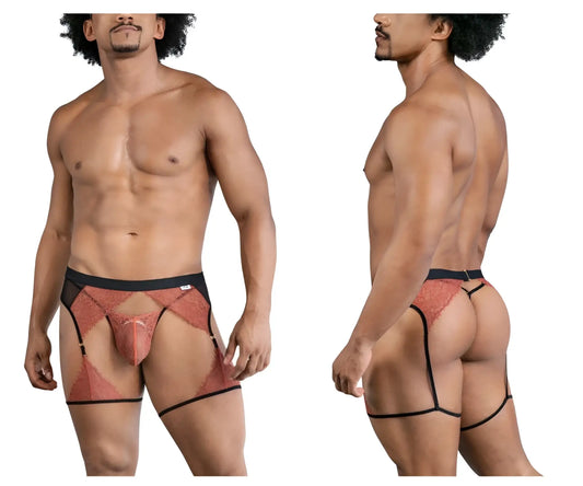 Rust-colored lace men’s briefs with black trim and garter straps from candyman 99854 lace-garter outfit