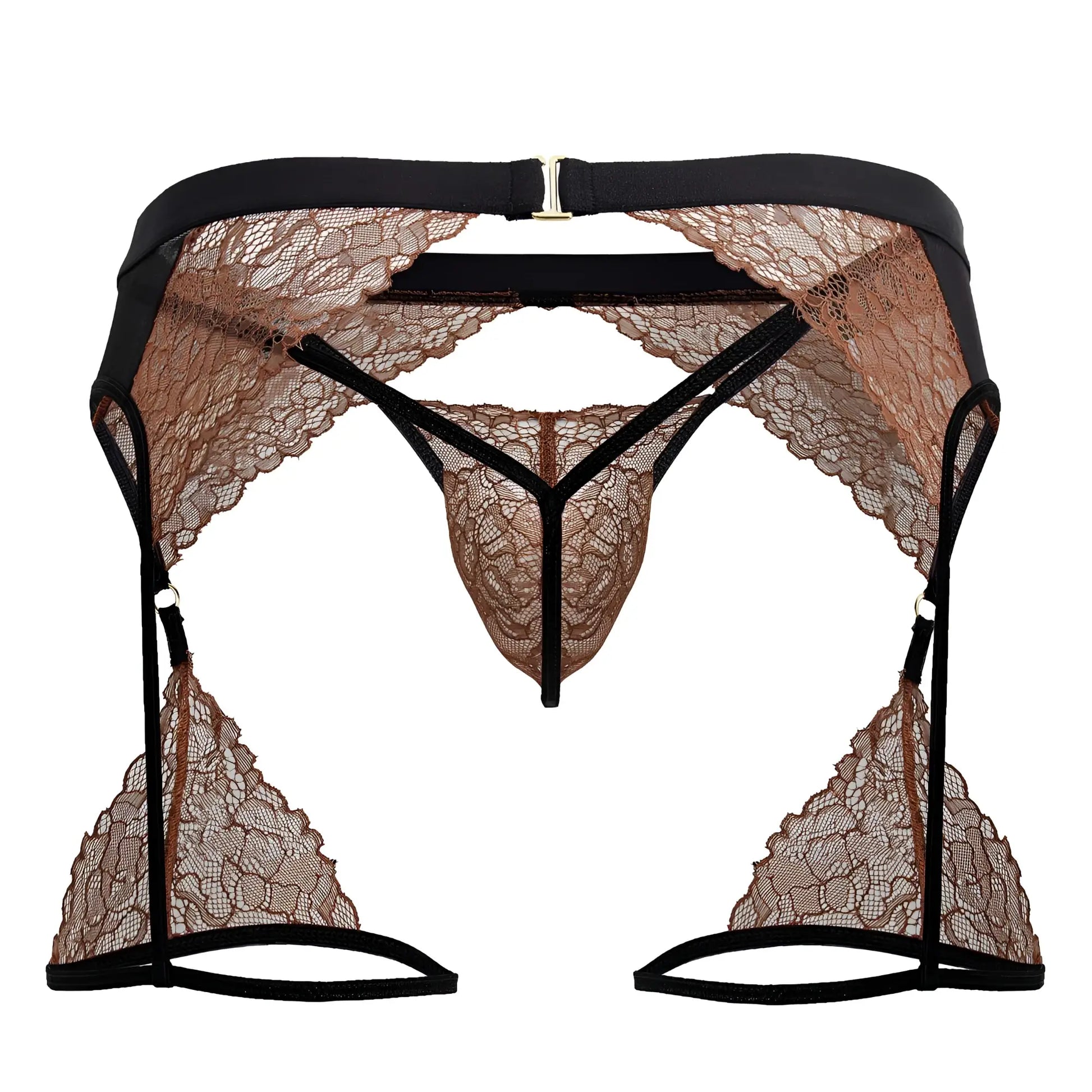 Black and tan lace lingerie set candyMan 99854 with high-waisted garter belt thong and triangular leg straps in black-terracotta