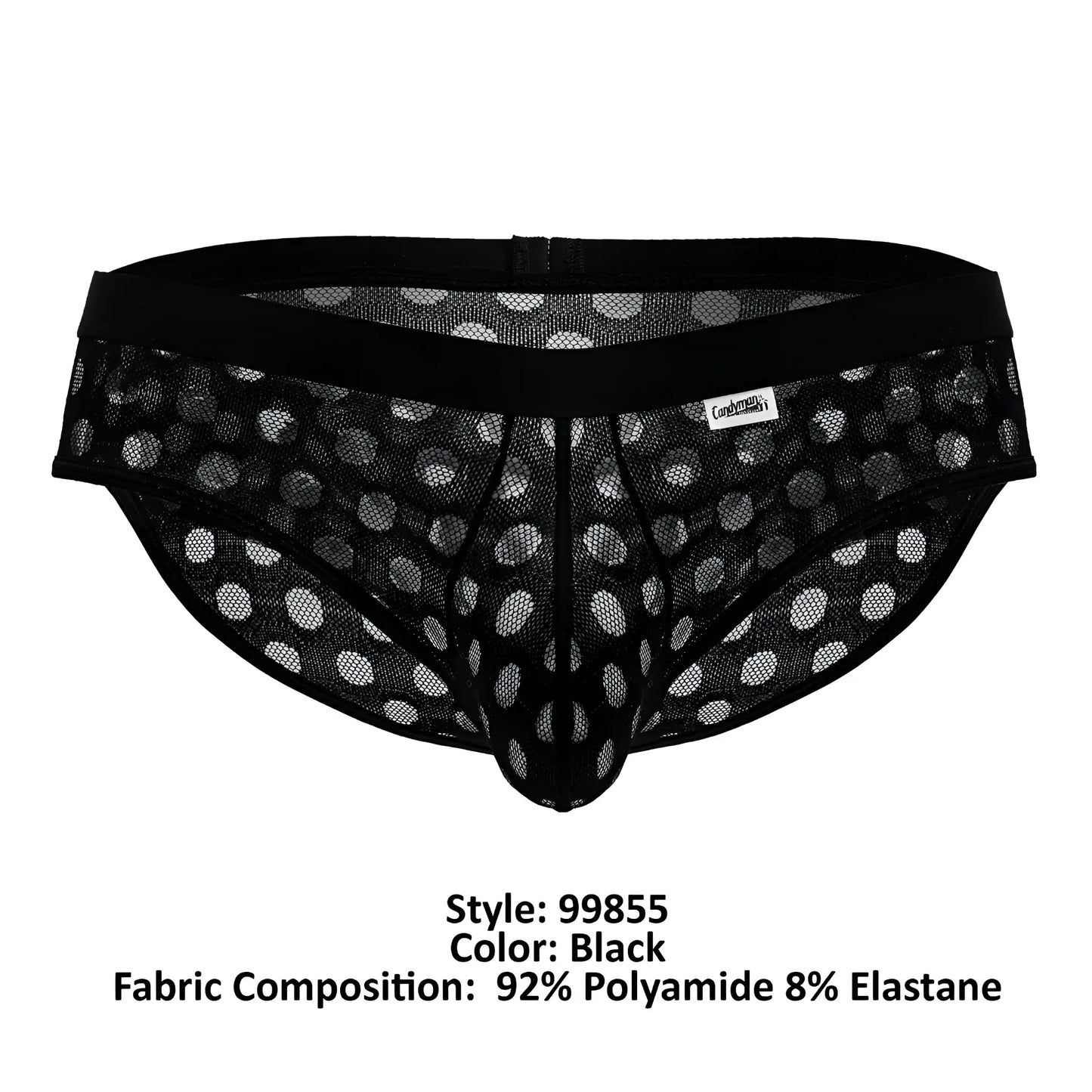 CandyMan 99855 polka mesh briefs in black feature a polka dot pattern with a solid black waistband