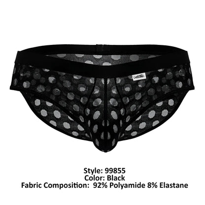 CandyMan 99855 polka mesh briefs in black feature a polka dot pattern with a solid black waistband