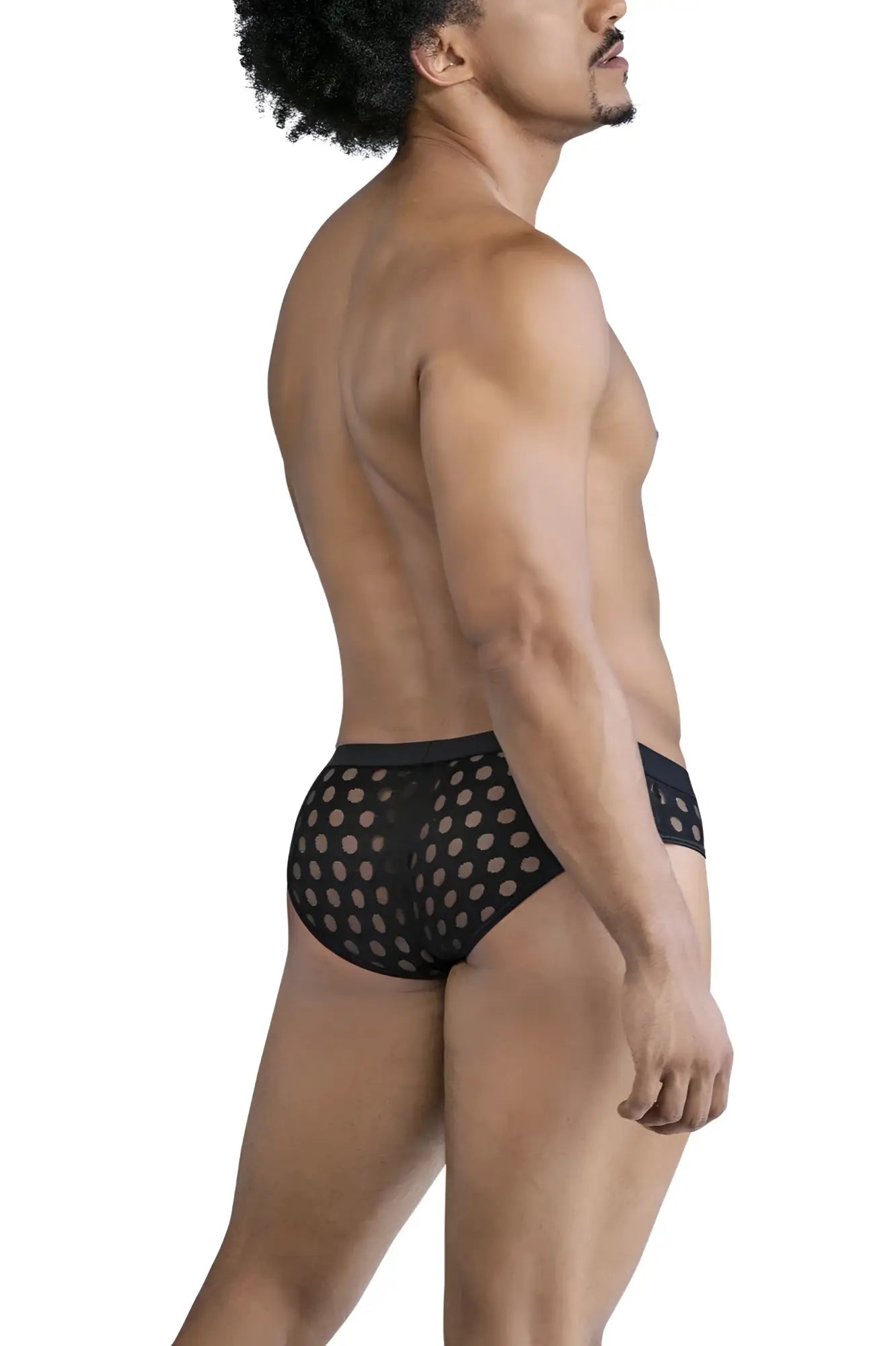 CandyMan 99855 black mesh briefs with light beige polka dot pattern in breathable sheer fabric