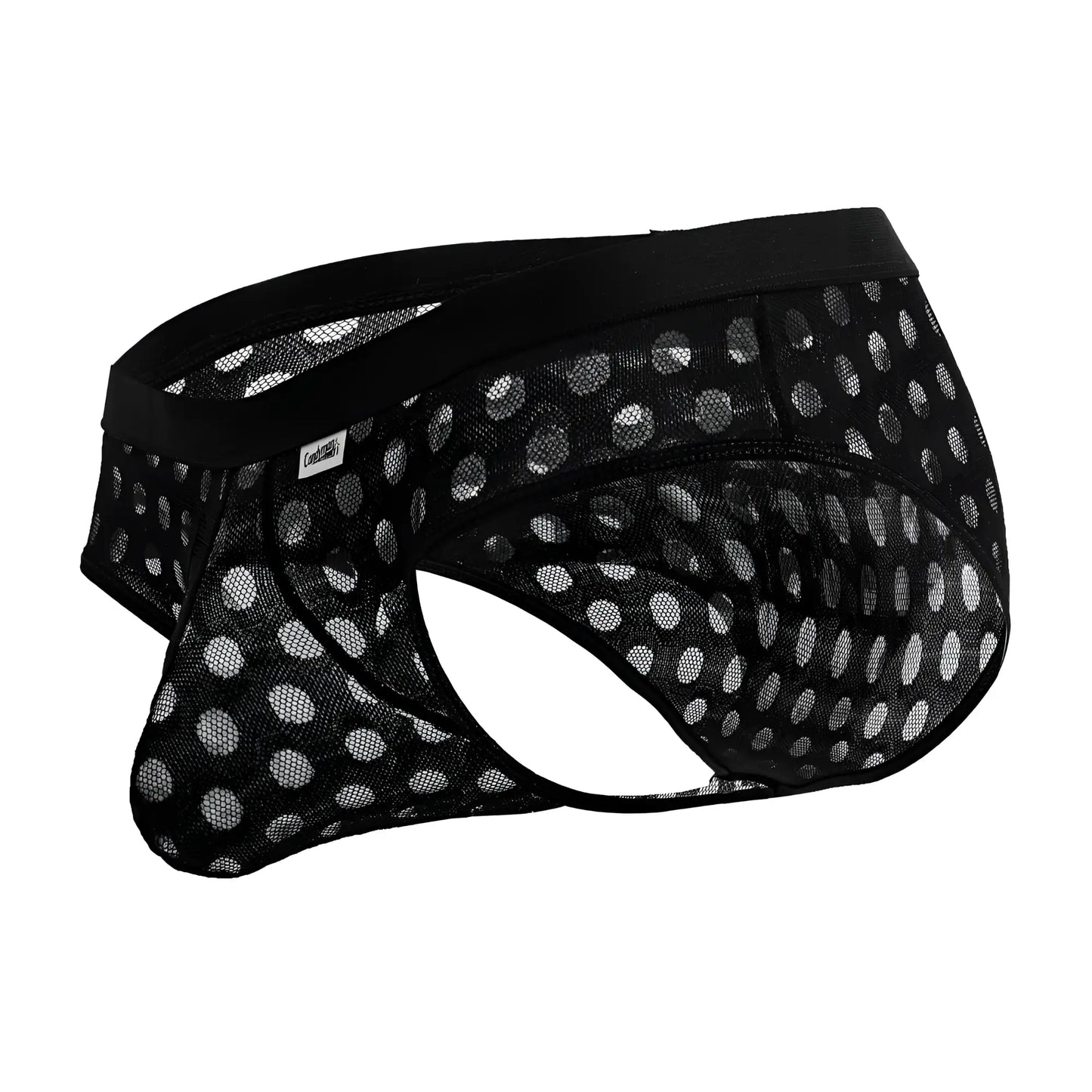 Black mesh briefs with white polka dot pattern and solid black waistband candyMan 99855 polka mesh briefs color black