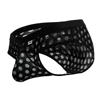 Black mesh briefs with white polka dot pattern and solid black waistband candyMan 99855 polka mesh briefs color black