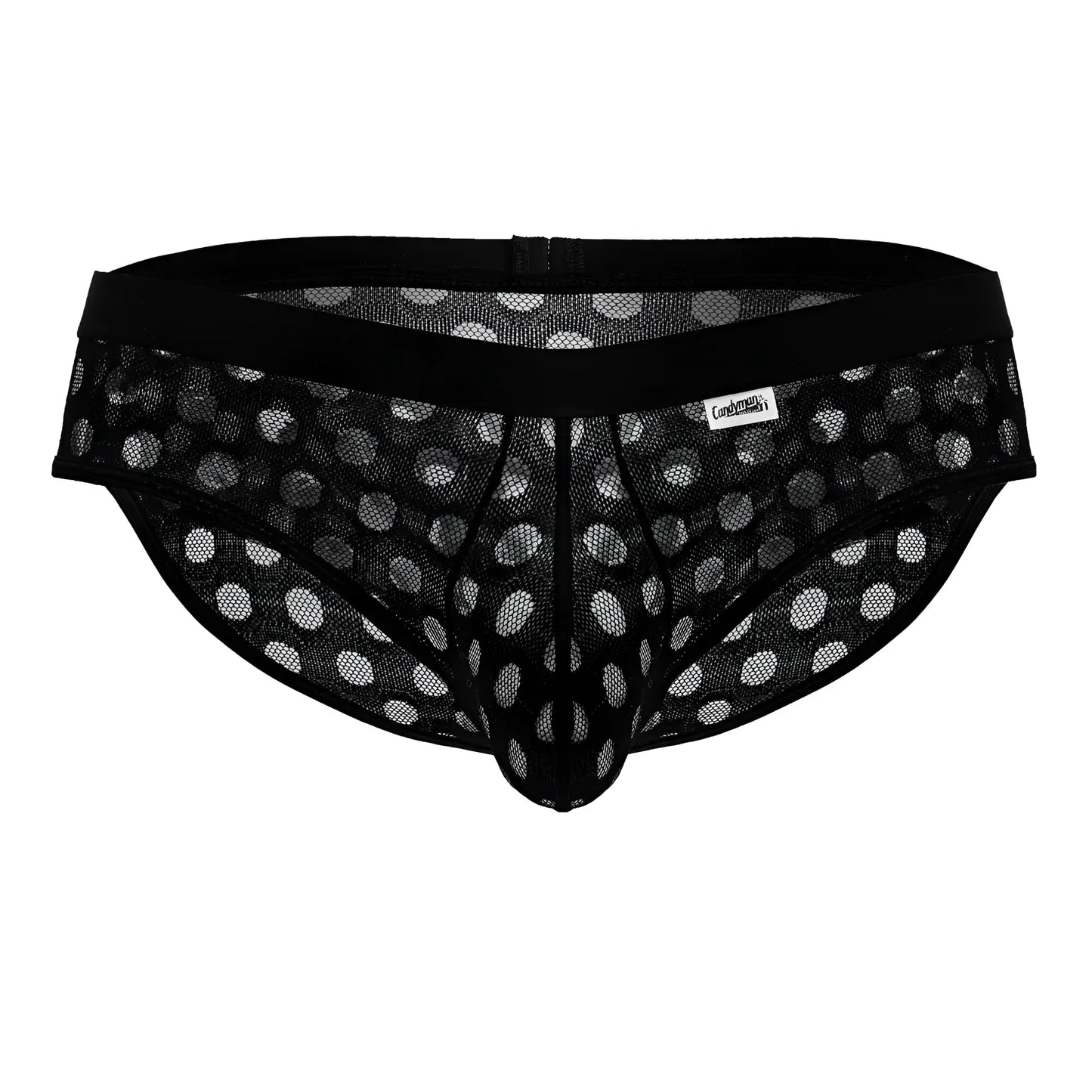 Candyman 99855 polka mesh briefs in black featuring white polka dots and a black elastic waistband
