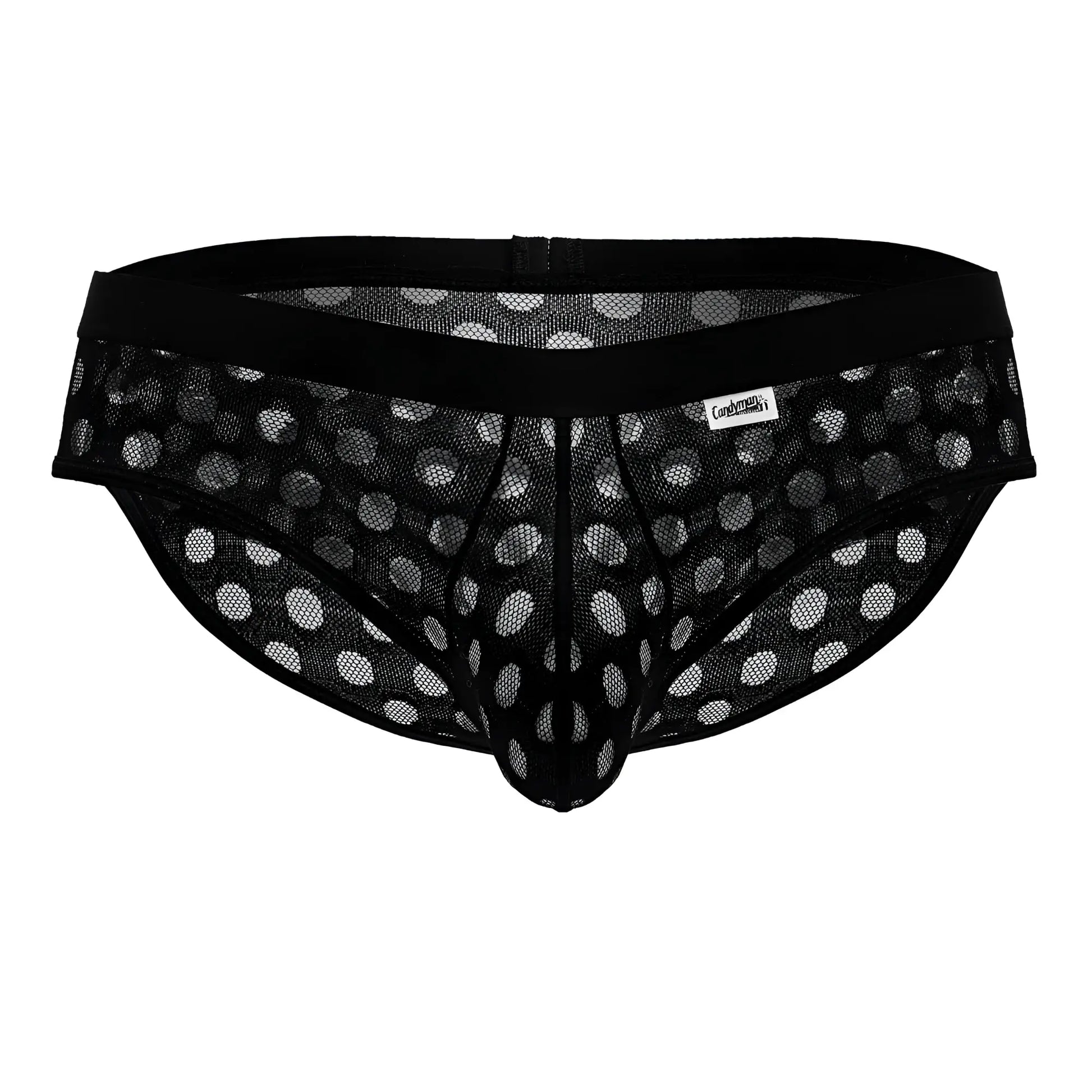 Candyman 99855 polka mesh briefs in black featuring white polka dots and a black elastic waistband