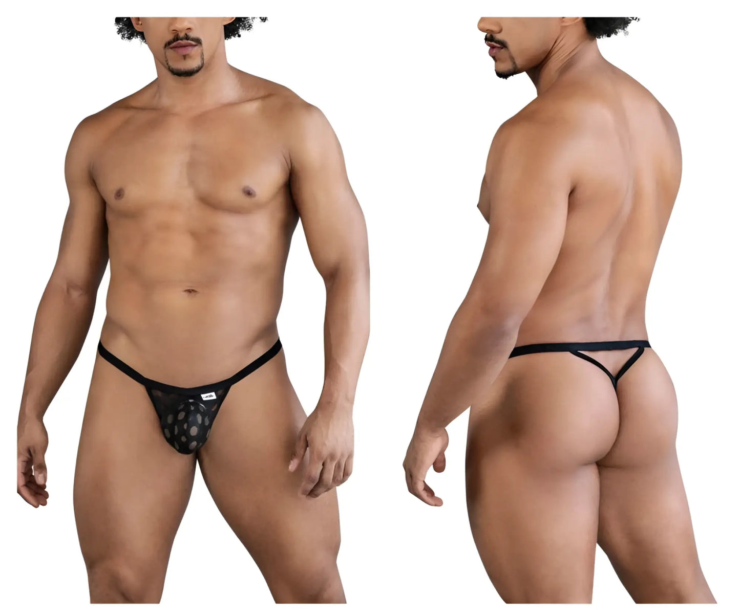Black candyMan 99856 polka mesh thong with subtle lace pattern and thin supportive straps for comfortable wear