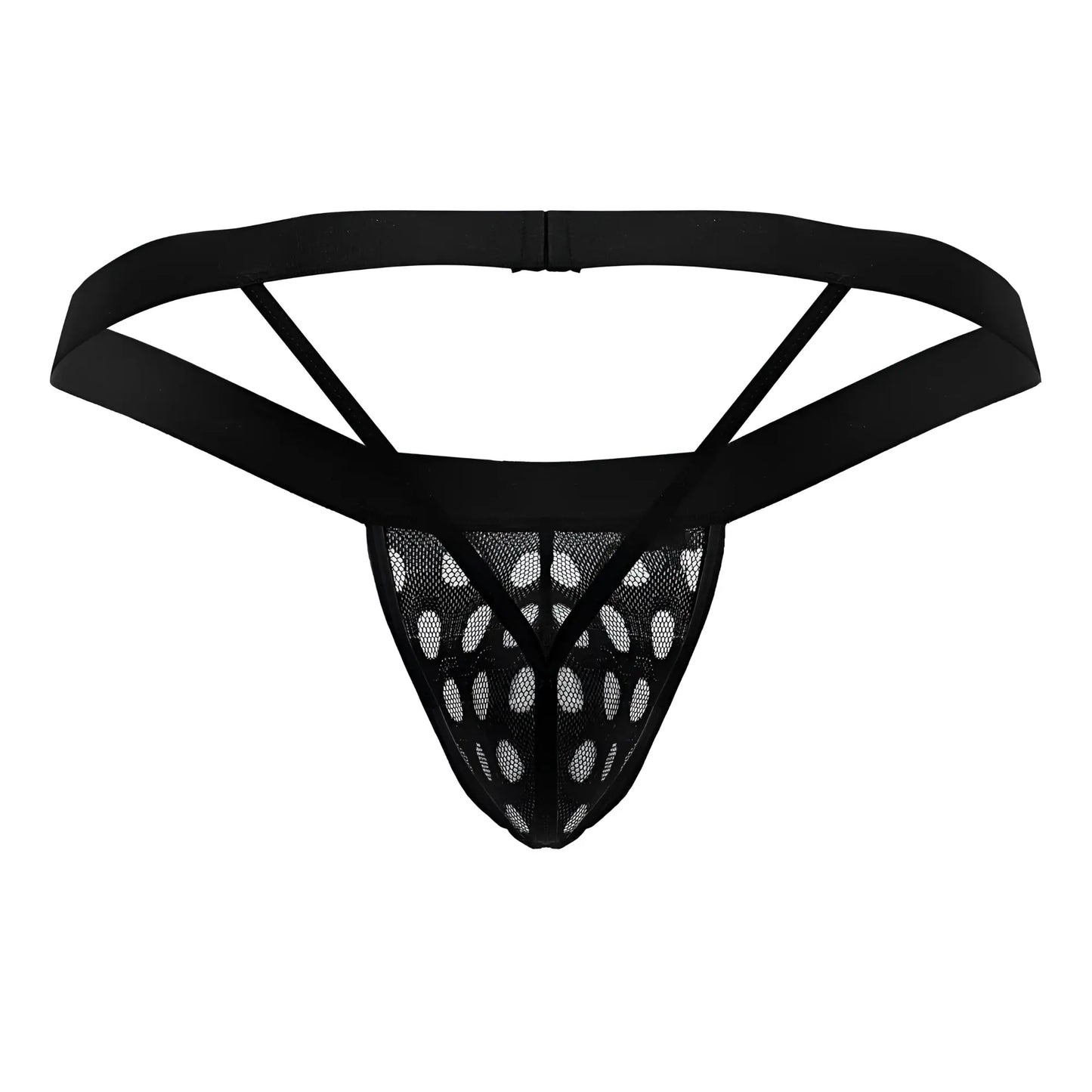Black mesh thong candyMan 99856 with solid elastic waistband and triangular cutouts in black color